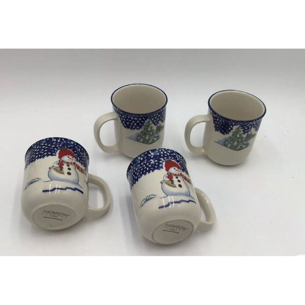 Thomson Pottery Lot of‎ 4 Snowman Mugs Blue Christmas Pine Tree Snowman Winter